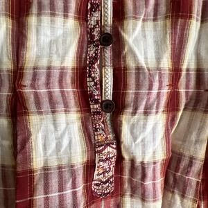 Free People Red Plaid Tunic Blouse TieBack Embroidered Boho RollTab Sleeves 8
